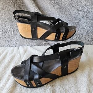 Bussola FORMENTERA Platform Black Leather Cross Strap‎ Wedge Sandal 40 US 9 9.5